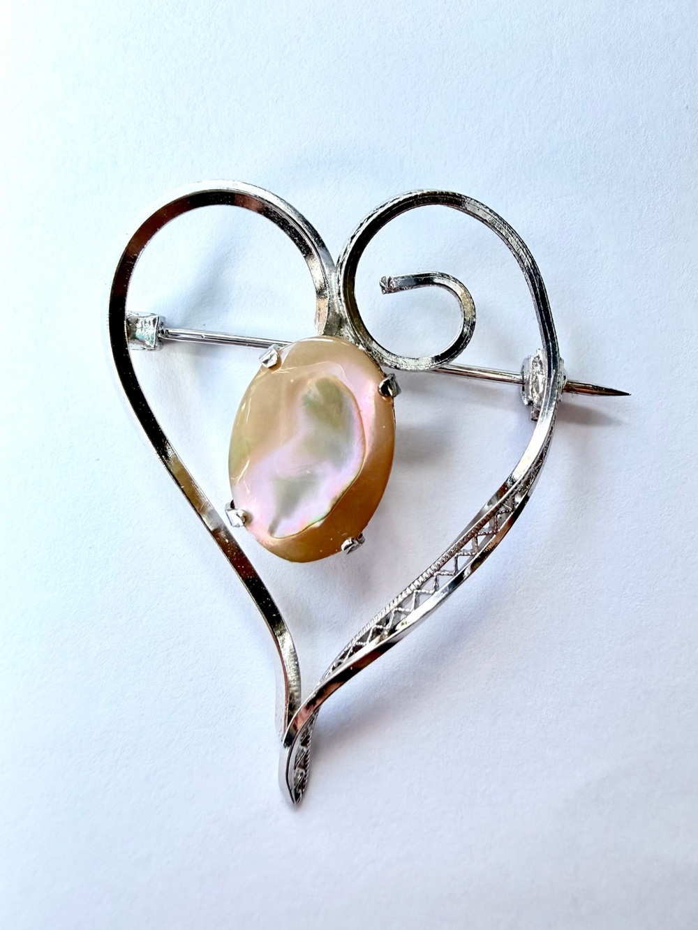 Vintage Sterling Silver Mother of Pearl Heart Brooch - JF Maker's Mark